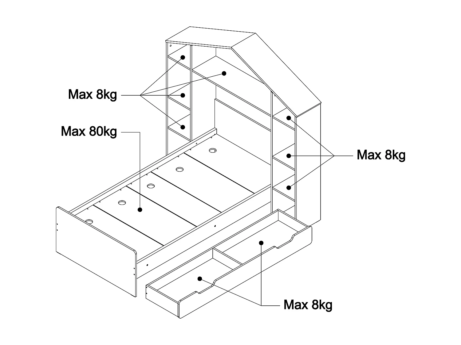 Lit cabane 90 x 190 cm - Coloris : Blanc et naturel + Matelas - JERACO