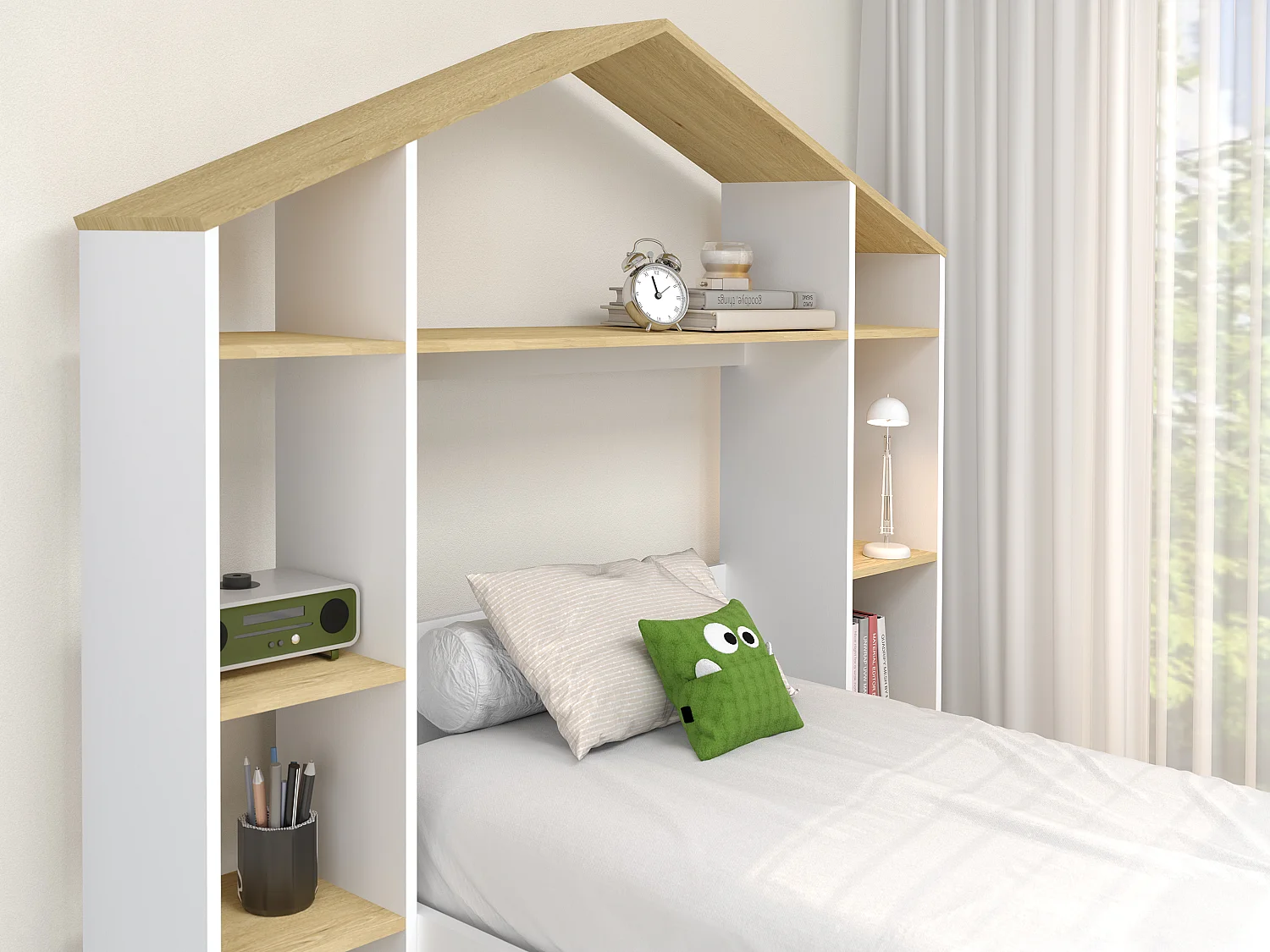 Lit cabane 90 x 190 cm - Coloris : Blanc et naturel + Matelas - JERACO