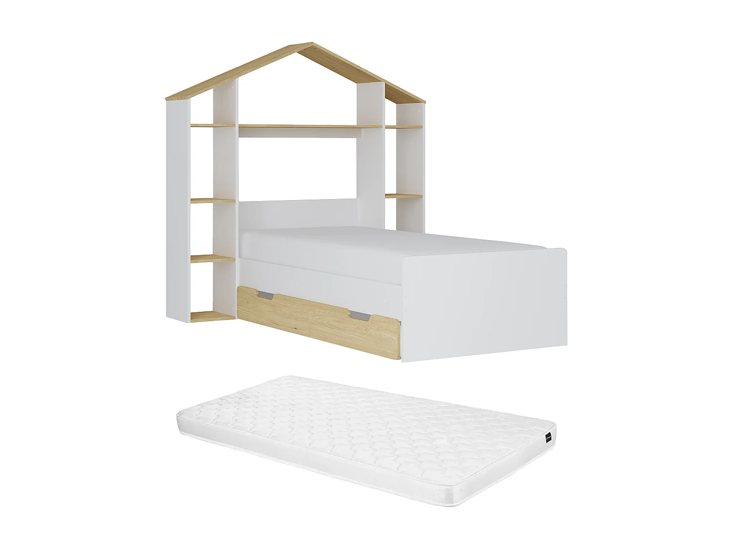 Lit cabane 90 x 190 cm - Coloris : Blanc et naturel + Matelas - JERACO