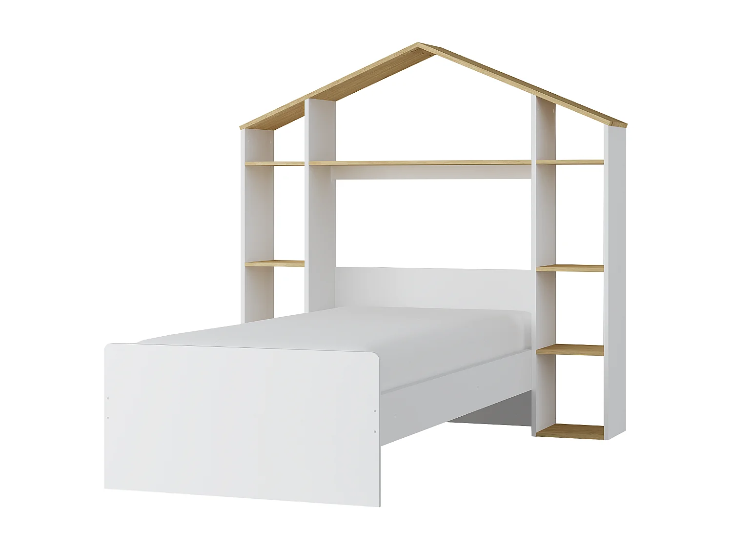 Hausbett + Matratze - 90 x 190 cm - Weiß & Holzfarben - JERACO