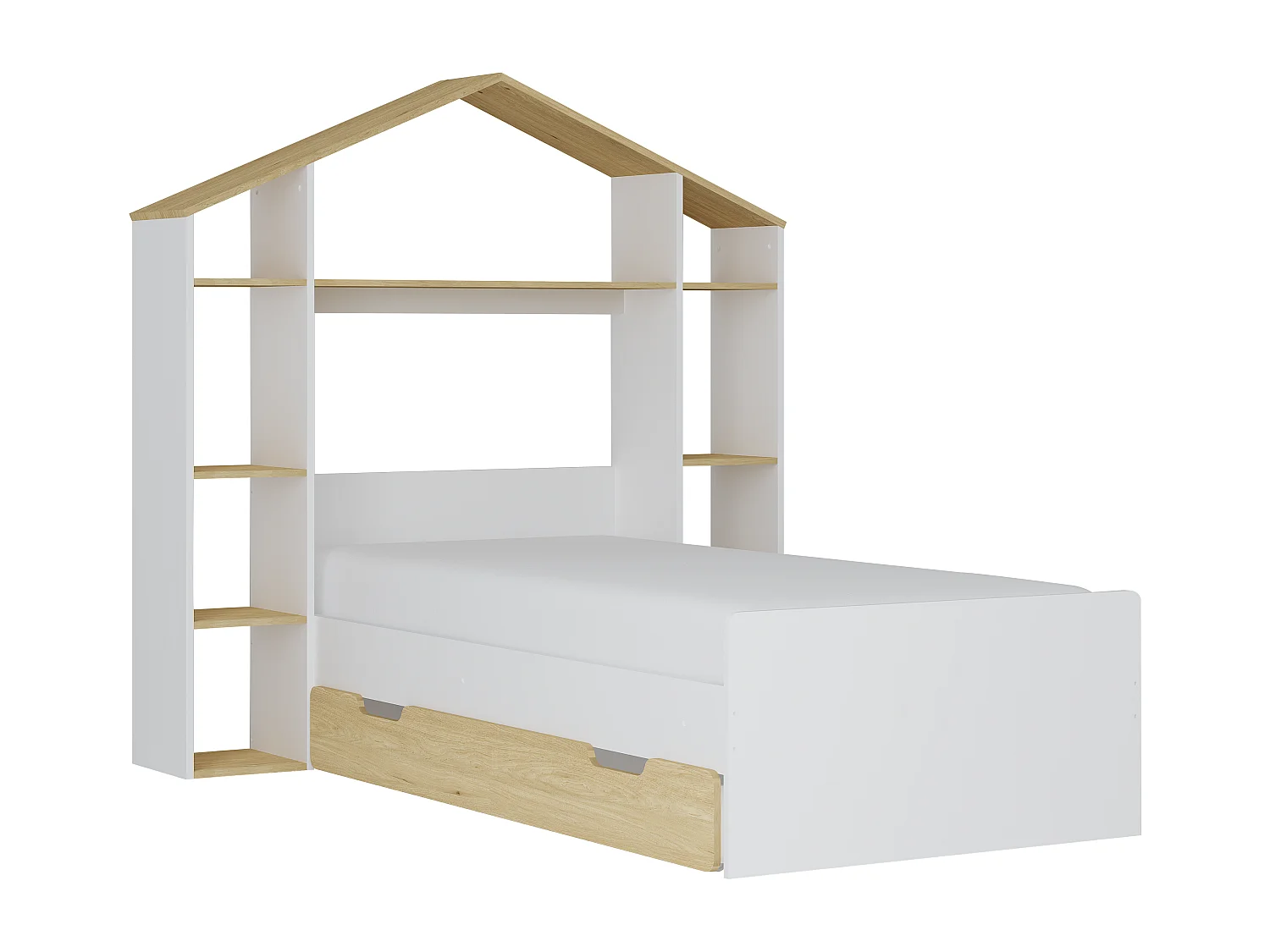 Hausbett + Matratze - 90 x 190 cm - Weiß & Holzfarben - JERACO