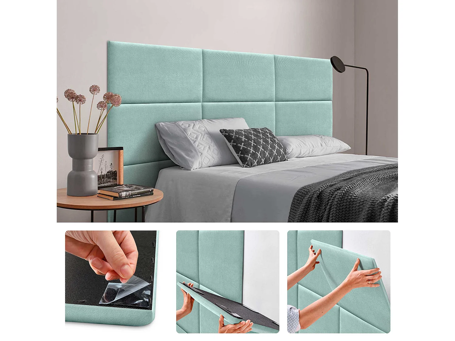 DHOME Panneaux Rembourrés en Tissu Autocollants pour Mur Acoustiques Absorbants Protection contre les Chocs Têtes de Lit  (Vert d'eau, 60x50cm)