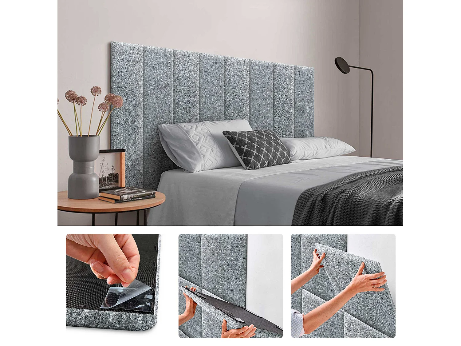 DHOME juego de 8 Paneles Tapizados de Tela Autoadhesivos para Pared Acústicos Absorbentes Protección Impactos Cabeceros (Gris Perla, 60x30cm, x8)