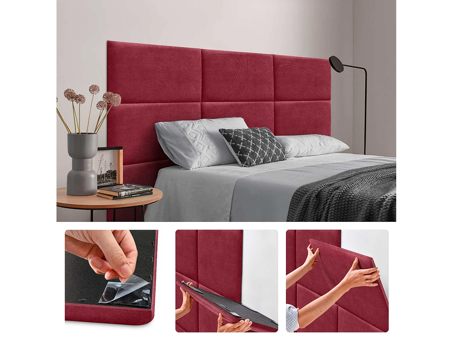 DHOME Set di 6 Pannelli Rivestiti in Tessuto Aqualine Autoadesivi per Parete Acustici Assorbenti Protezione Impatti Testiere (Rosso, 60x50cm, x6)