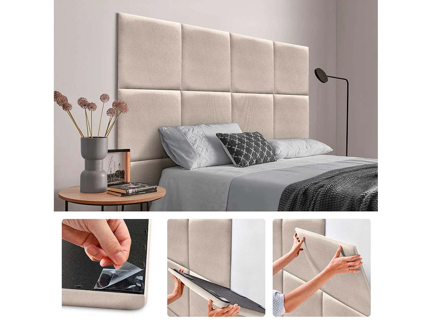 DHOME Pannelli Rivestiti in Tessuto Autoadesivi per Parete Acustici Assorbenti Protezione Impatti Testiere Decorazione (Beige, 60x60cm)
