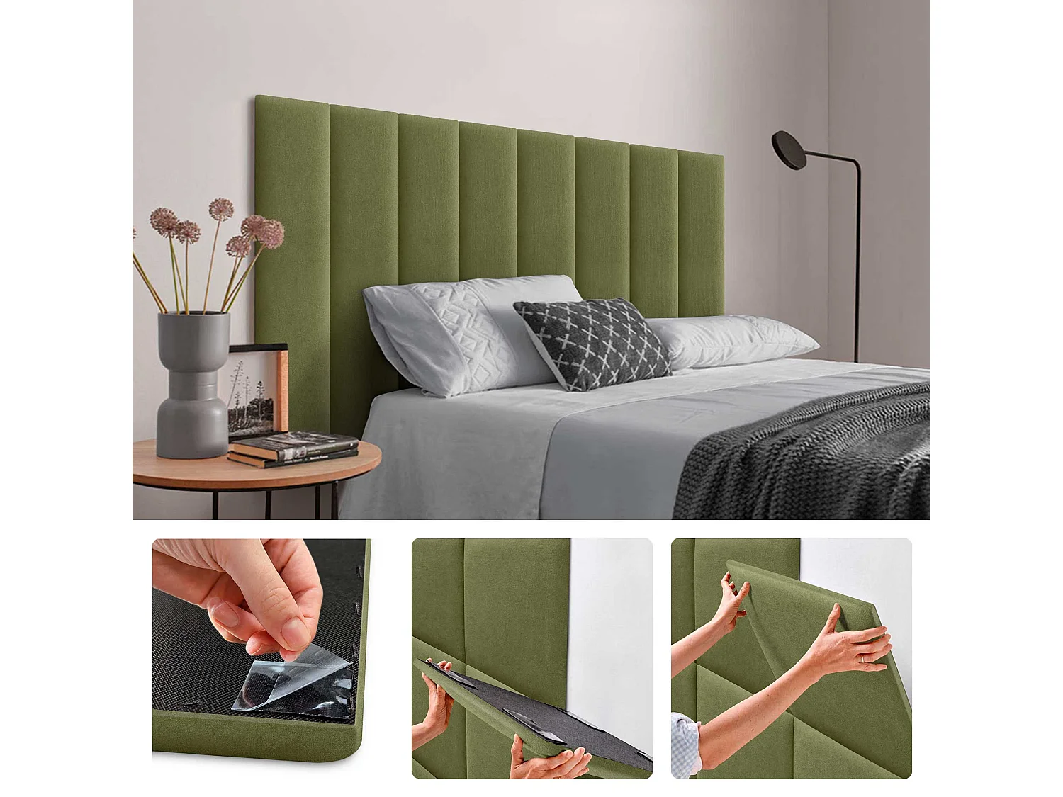 DHOME Paneles Tapizados de Tela Acualine Autoadhesivos para Pared Acústicos Absorbentes Protección Impactos Cabeceros Decoración (Verde, 60x20cm)