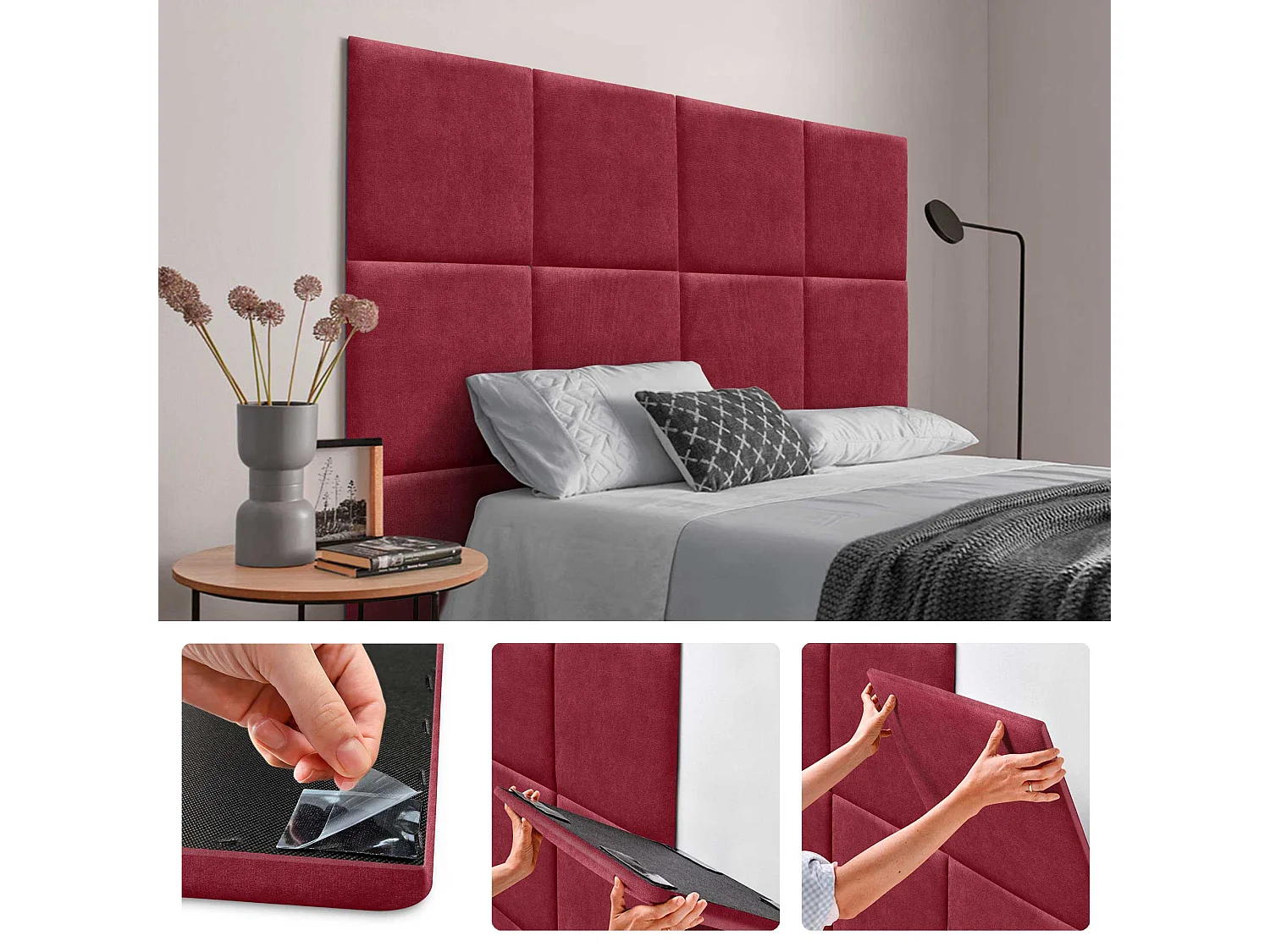 DHOME Lot de 8 Panneaux Rembourrés en Tissu Aqualine Autocollants pour Mur Acoustiques Absorbants Protection contre les Chocs (Rouge, 60x60cm, x8)