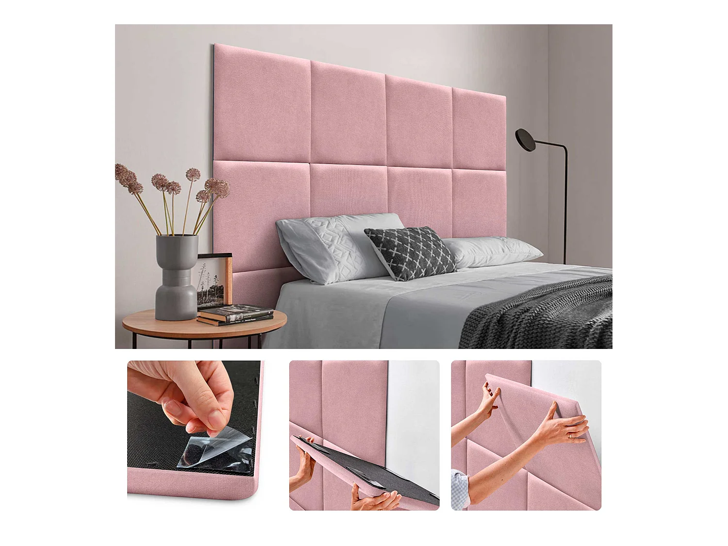 DHOME Lot de 6 Panneaux Rembourrés en Tissu Aqualine Autocollants pour Mur Acoustiques Absorbants Protection contre les Chocs (Rose, 50x50cm, x6)