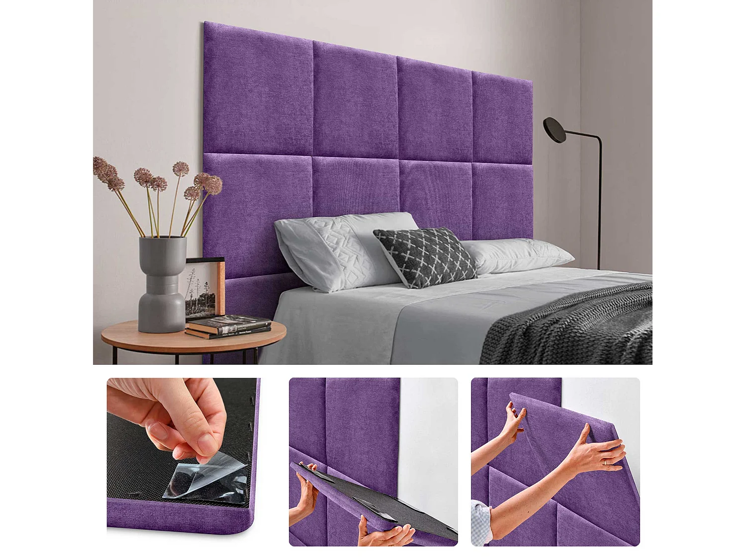 DHOME Set aus 8 selbstklebenden, gepolsterten Stoffpaneelen für Wand, schallabsorbierend, Stoßschutz, Kopfteil (Lila, 60x60cm, x8)