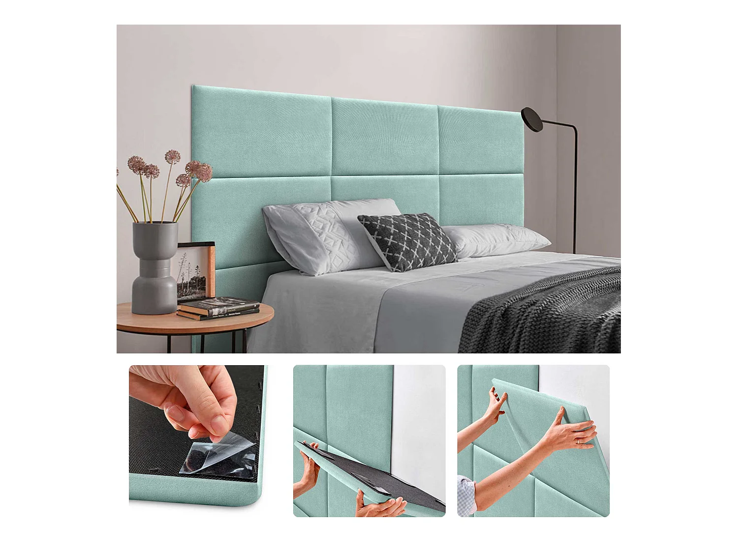DHOME Lot de 6 Panneaux Rembourrés en Tissu Aqualine Autocollants pour Mur Acoustiques Absorbants Protection contre les choc (Vert d'eau, 50x40cm, x6)