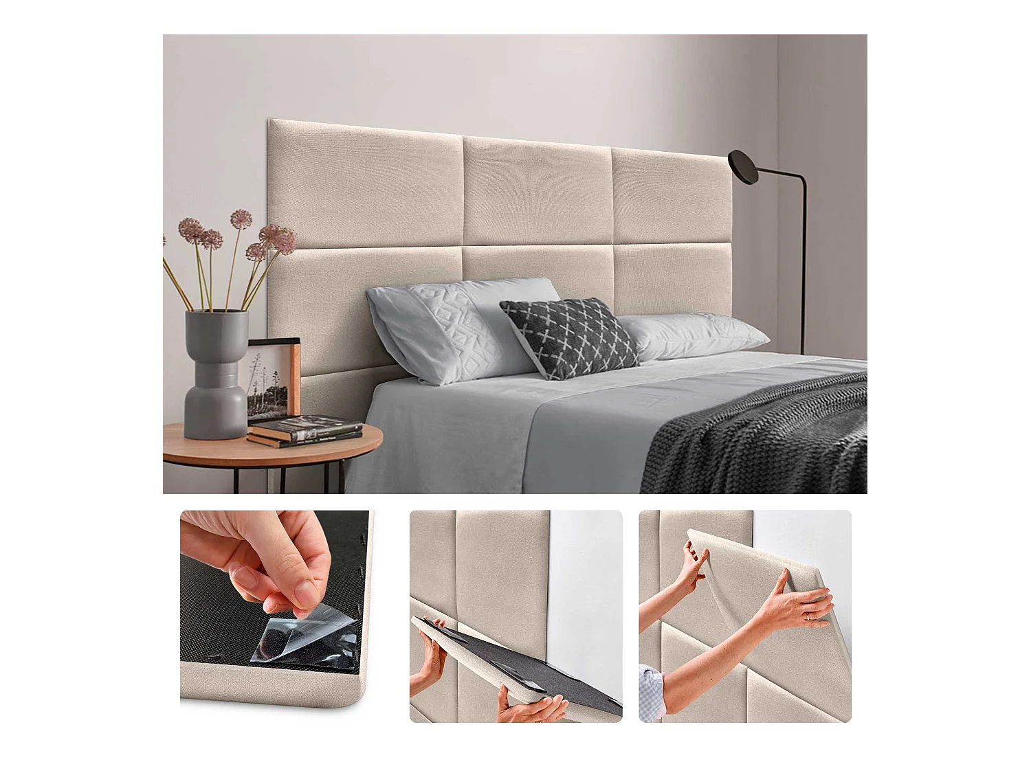 DHOME Lot de 6 Panneaux Rembourrés en Tissu Aqualine Autocollants pour Mur Acoustiques Absorbants Protection contre les Chocs (beige, 50x30cm, x6)