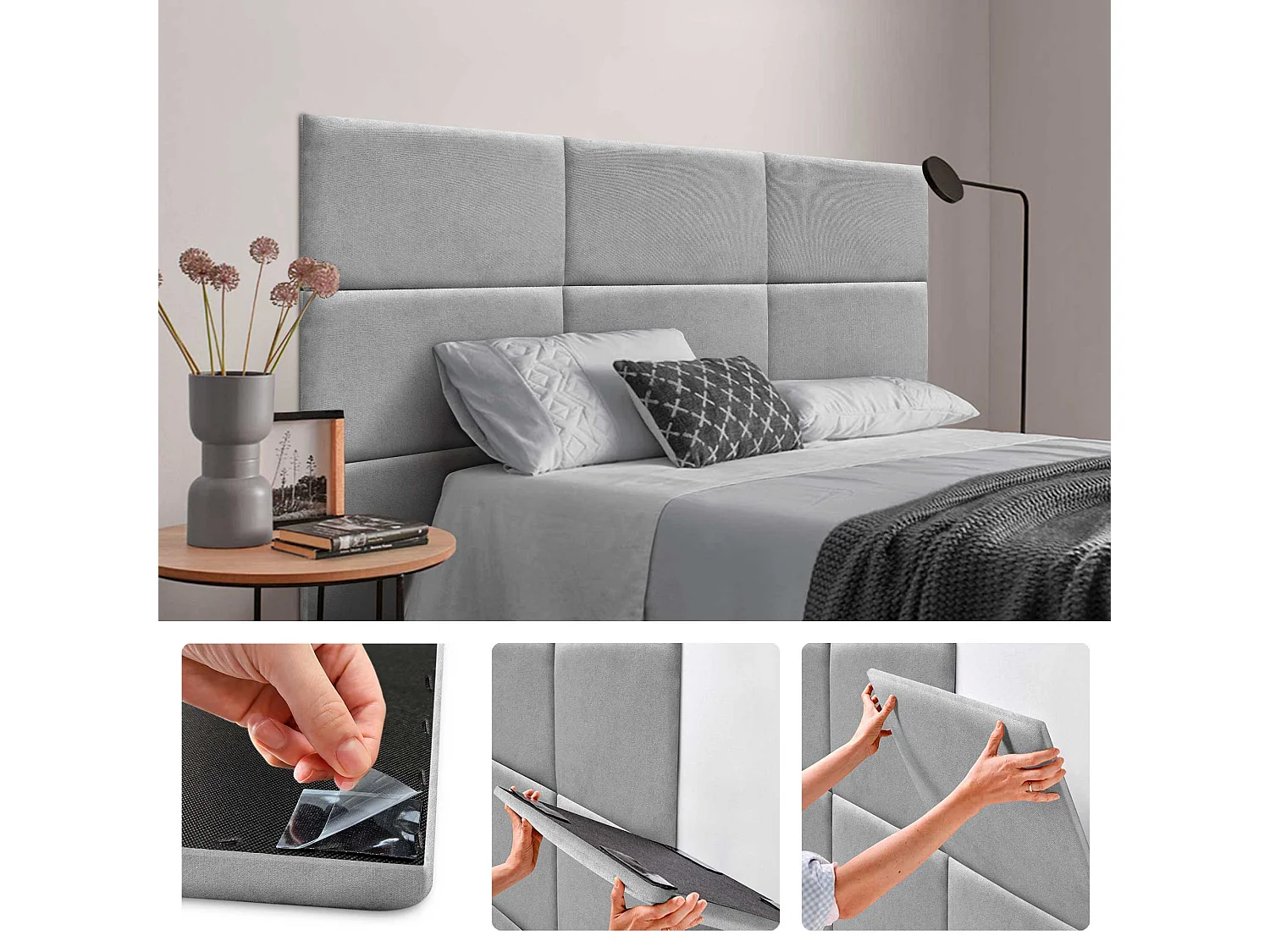 DHOME Panneaux Rembourrés en Tissu Autocollants pour Mur Acoustiques Absorbants Protection contre les Chocs Têtes de Lit  (Gris, 50x30cm)