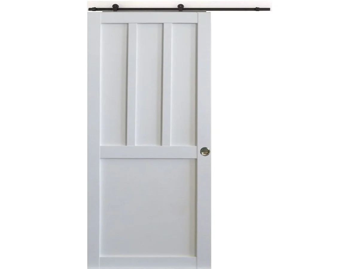 Porta scorrevole Officina 2 pannelli bianchi, larghezza 83 +  binario in acciaio nero  + 2 gusci installati