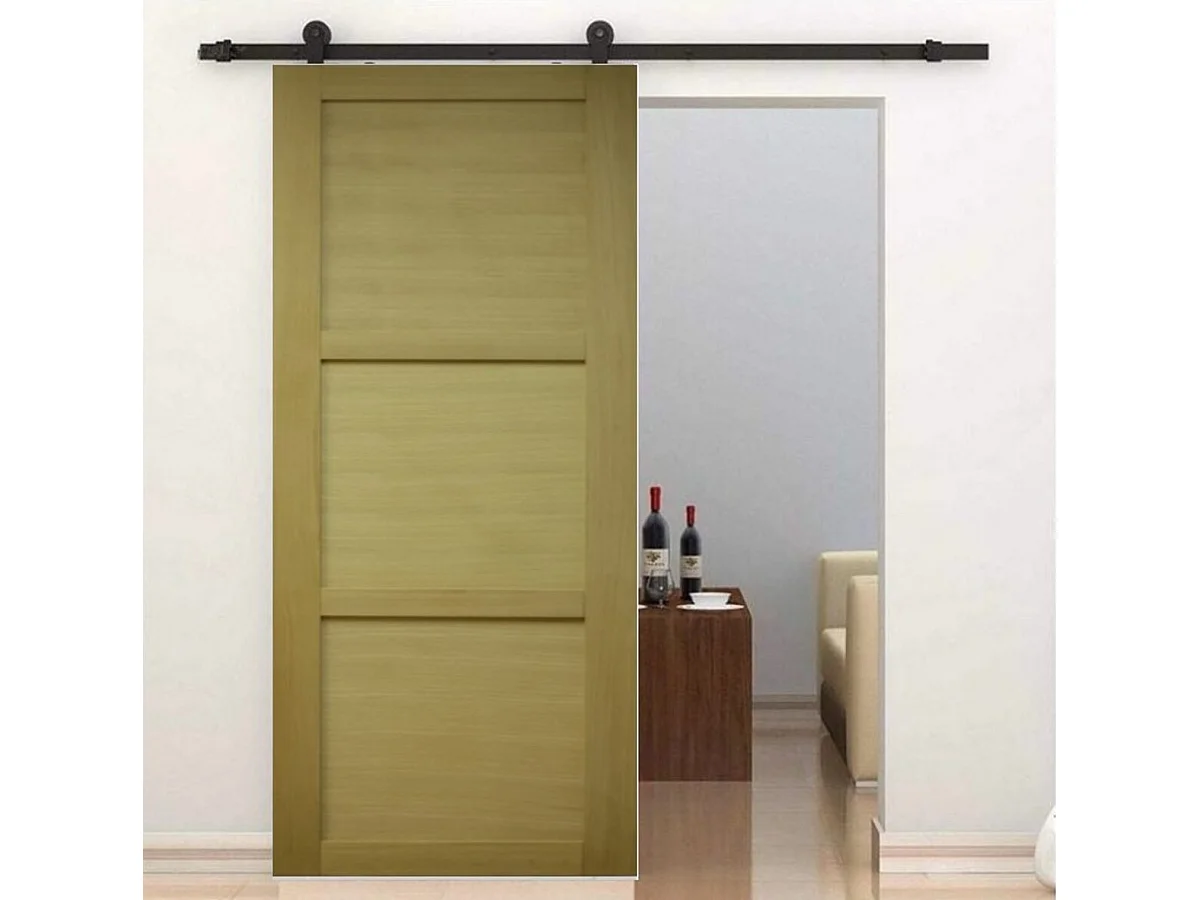 Porta scorrevole a 3 pannelli impiallacciata Ayous larghezza 73 + binario a rulli nero + 2 gusci installati senza maniglia