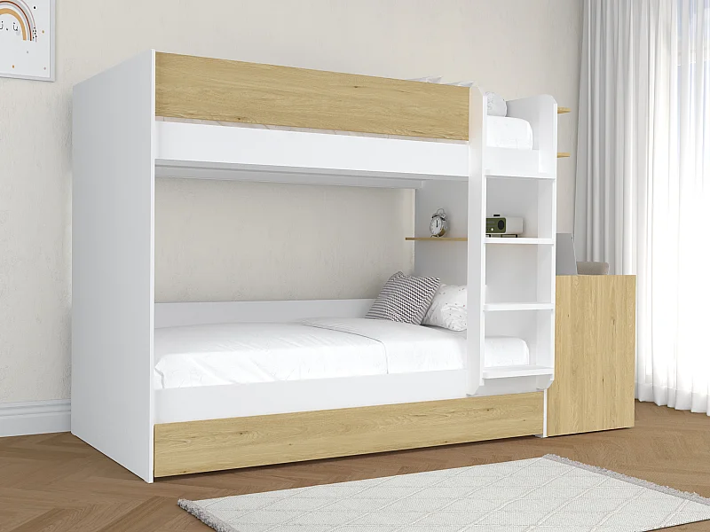 Stapelbed met uitschuifbare bedlade en 2 bureaus 3 x 90 x 190 cm - Kleur: wit en naturel + matras - DOMATI