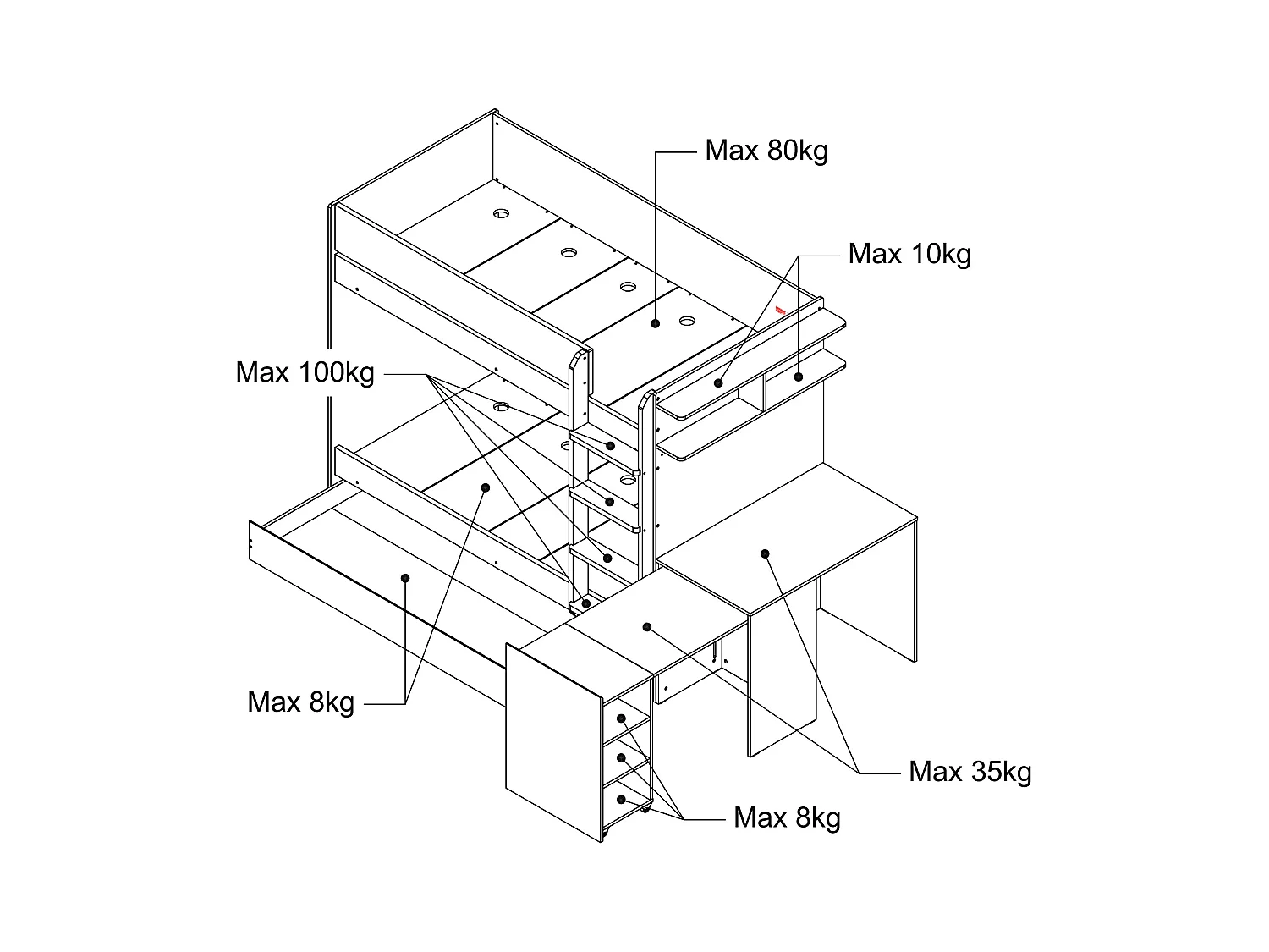 Lit superposé avec tiroir lit gigogne et 2 bureaux 3 x 90 x 190 cm - Coloris : Blanc et naturel + Matelas - DOMATI