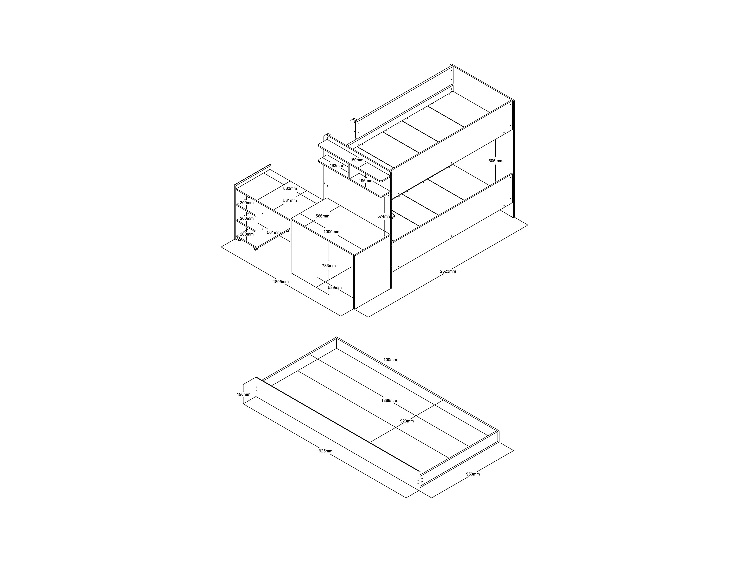 Lit superposé avec tiroir lit gigogne et 2 bureaux 3 x 90 x 190 cm - Coloris : Blanc et naturel + Matelas - DOMATI