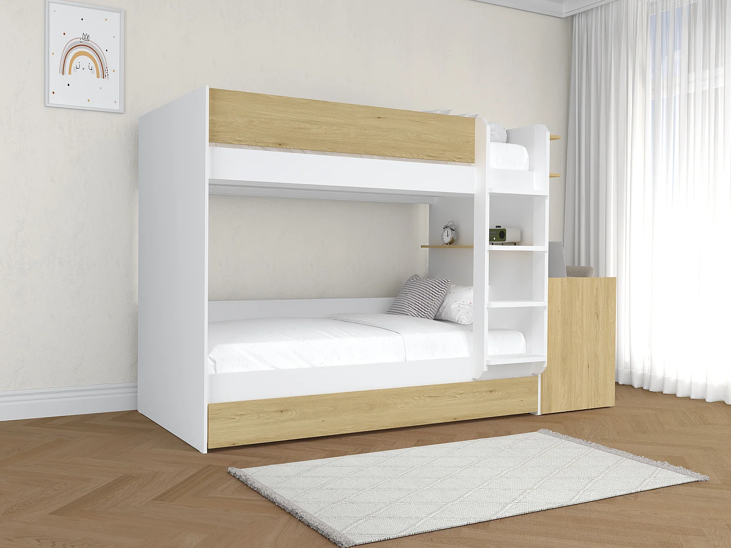 Lit superposé avec tiroir lit gigogne et 2 bureaux 3 x 90 x 190 cm - Coloris : Blanc et naturel + Matelas - DOMATI