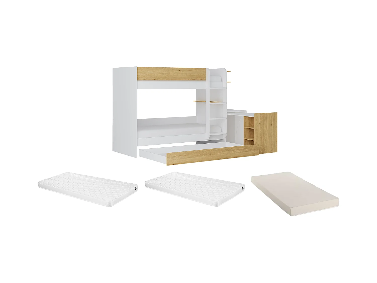 Etagenbett mit zusätzlichem Ausziehbett & 2 Schreibtischen + Matratzen - 3 x 90 x 190 cm - Weiß & Holzfarben - DOMATI