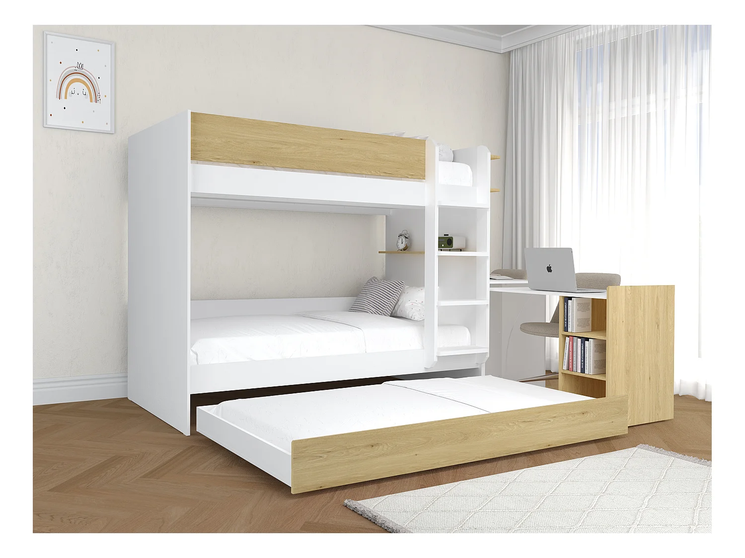 Etagenbett mit zusätzlichem Ausziehbett & 2 Schreibtischen + Matratzen - 3 x 90 x 190 cm - Weiß & Holzfarben - DOMATI