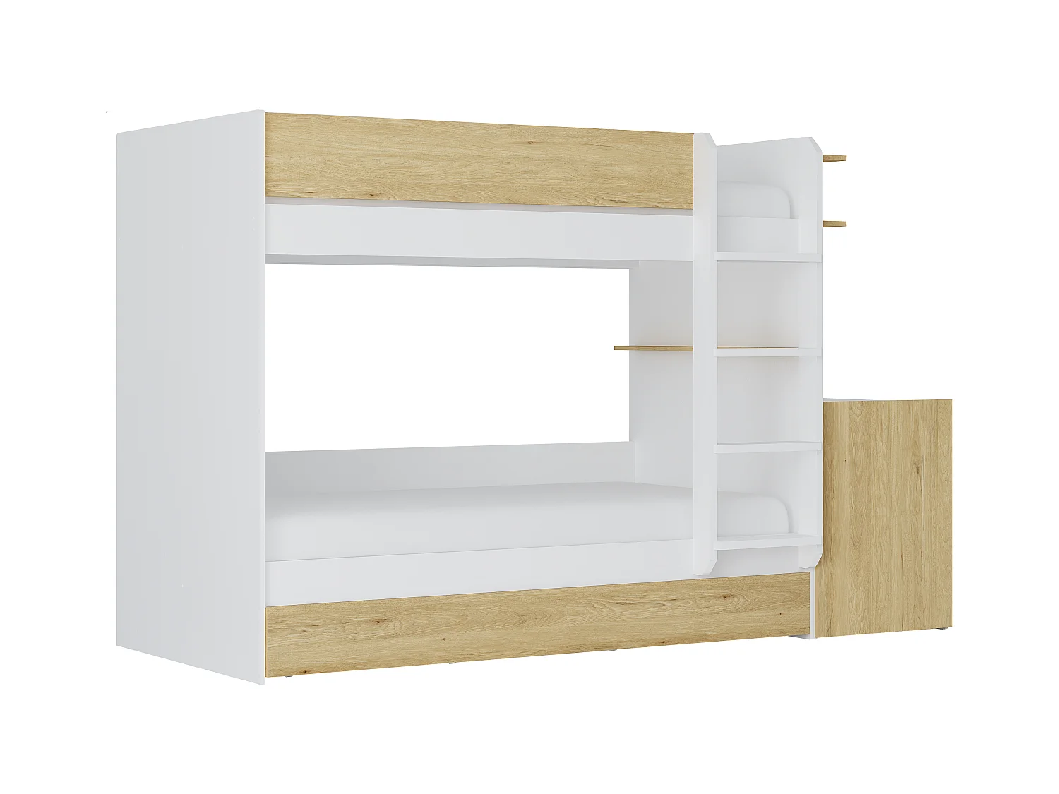 Etagenbett mit zusätzlichem Ausziehbett & 2 Schreibtischen + Matratzen - 3 x 90 x 190 cm - Weiß & Holzfarben - DOMATI