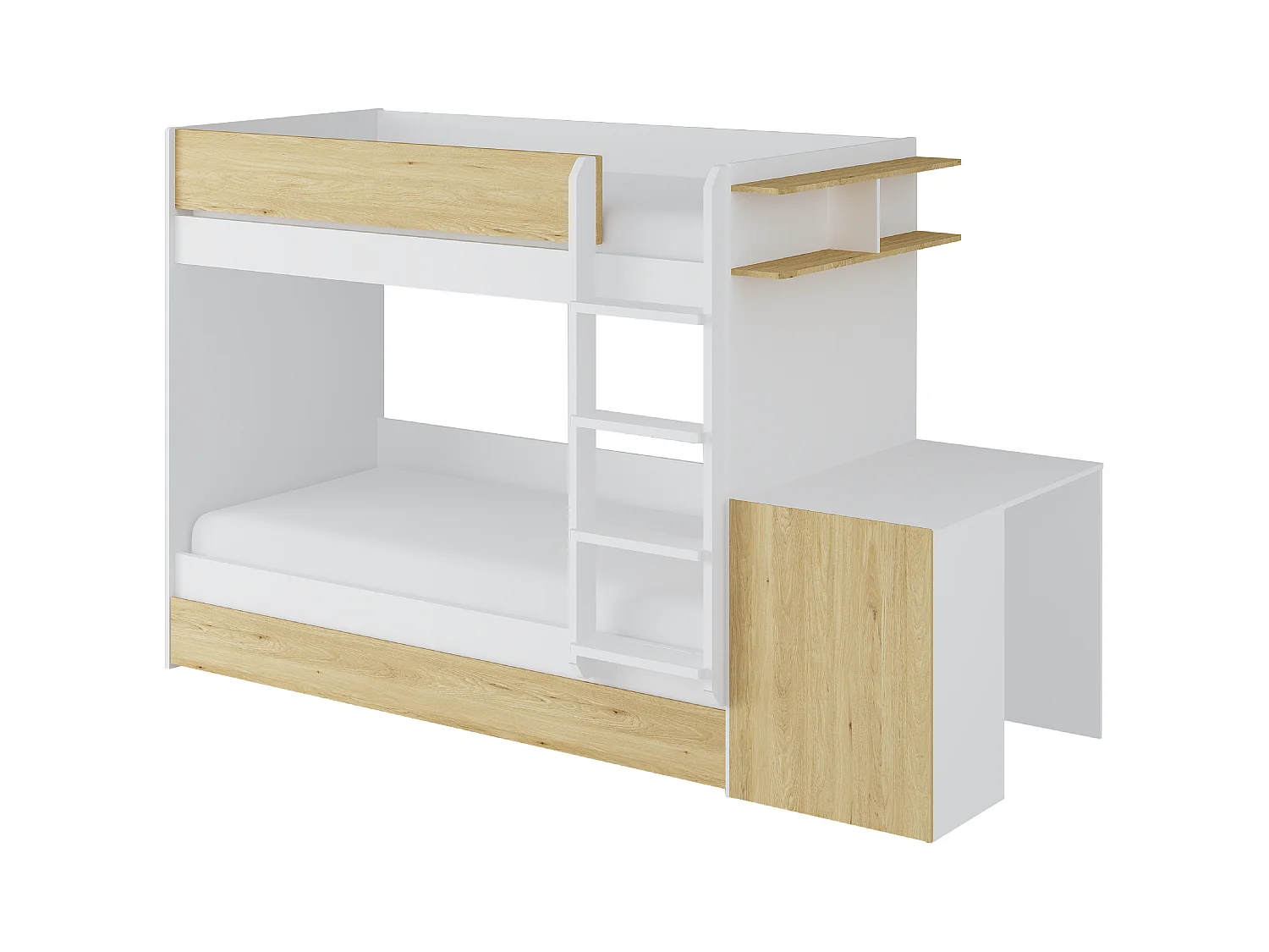 Etagenbett mit zusätzlichem Ausziehbett & 2 Schreibtischen + Matratzen - 3 x 90 x 190 cm - Weiß & Holzfarben - DOMATI