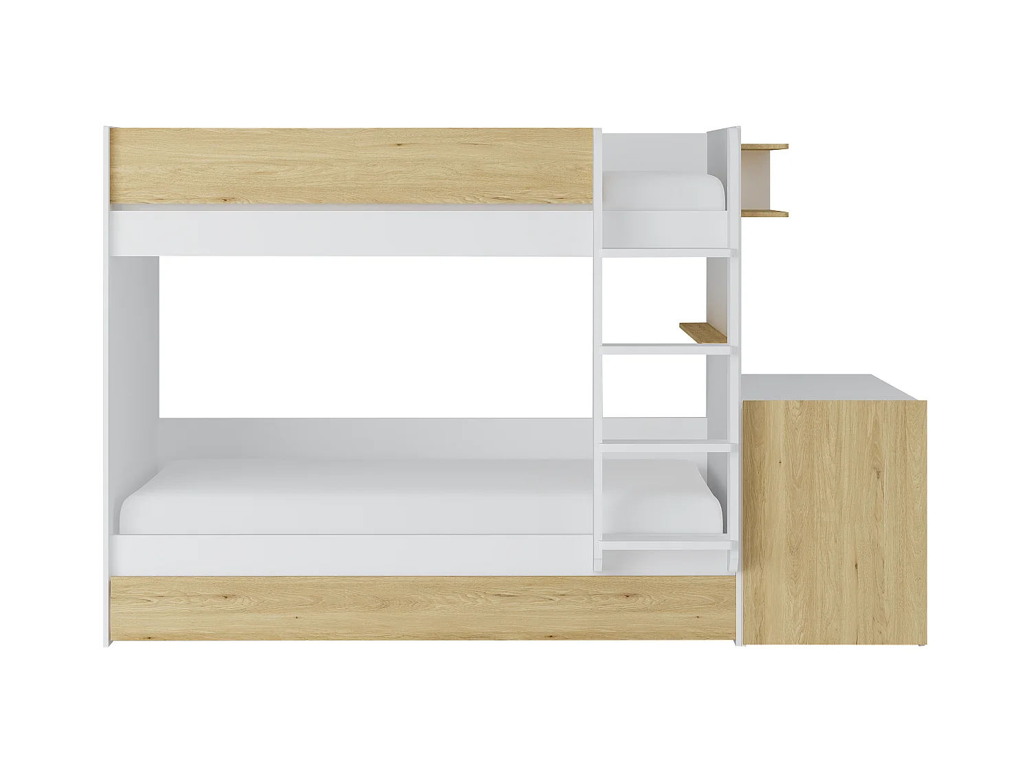 Etagenbett mit zusätzlichem Ausziehbett & 2 Schreibtischen + Matratzen - 3 x 90 x 190 cm - Weiß & Holzfarben - DOMATI