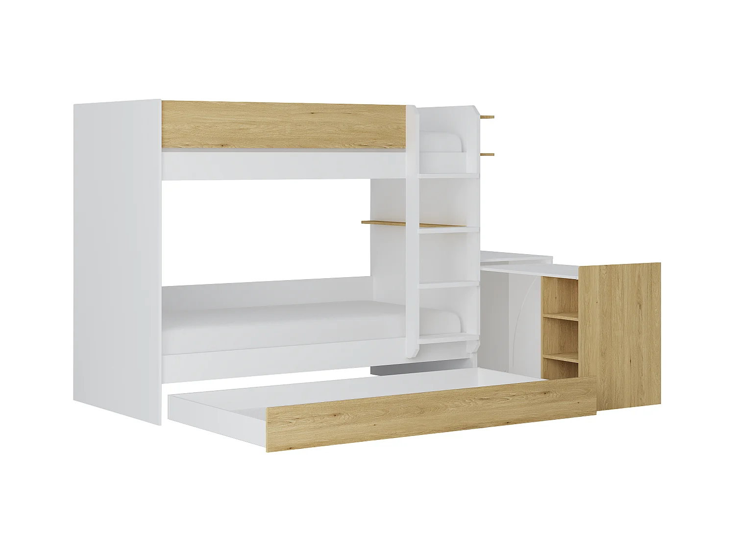 Etagenbett mit zusätzlichem Ausziehbett & 2 Schreibtischen + Matratzen - 3 x 90 x 190 cm - Weiß & Holzfarben - DOMATI