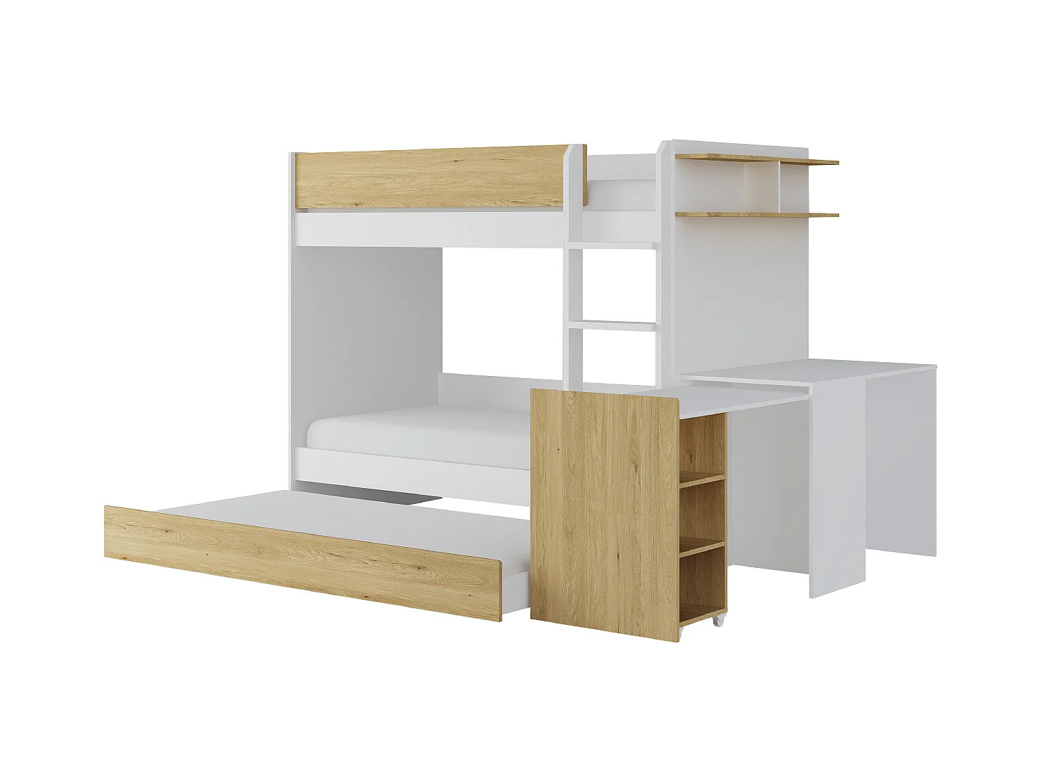 Etagenbett mit zusätzlichem Ausziehbett & 2 Schreibtischen + Matratzen - 3 x 90 x 190 cm - Weiß & Holzfarben - DOMATI