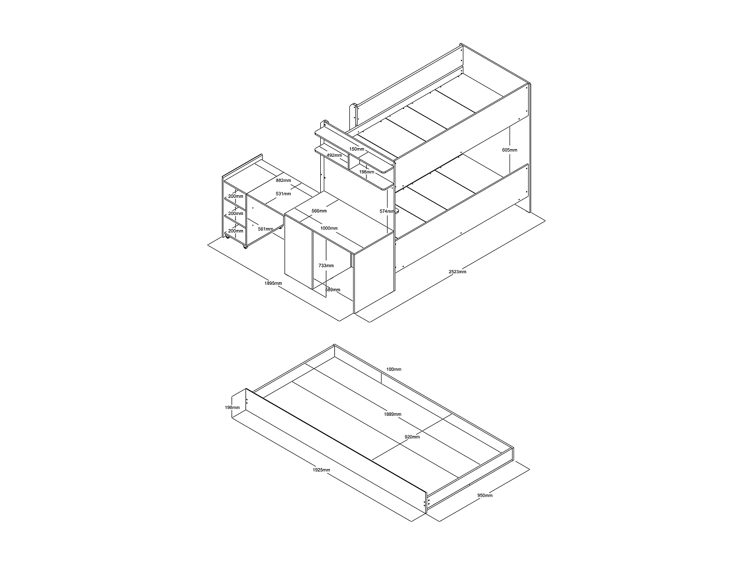 Etagenbett mit zusätzlichem Ausziehbett & 2 Schreibtischen + Matratzen - 3 x 90 x 190 cm - Weiß & Holzfarben - DOMATI