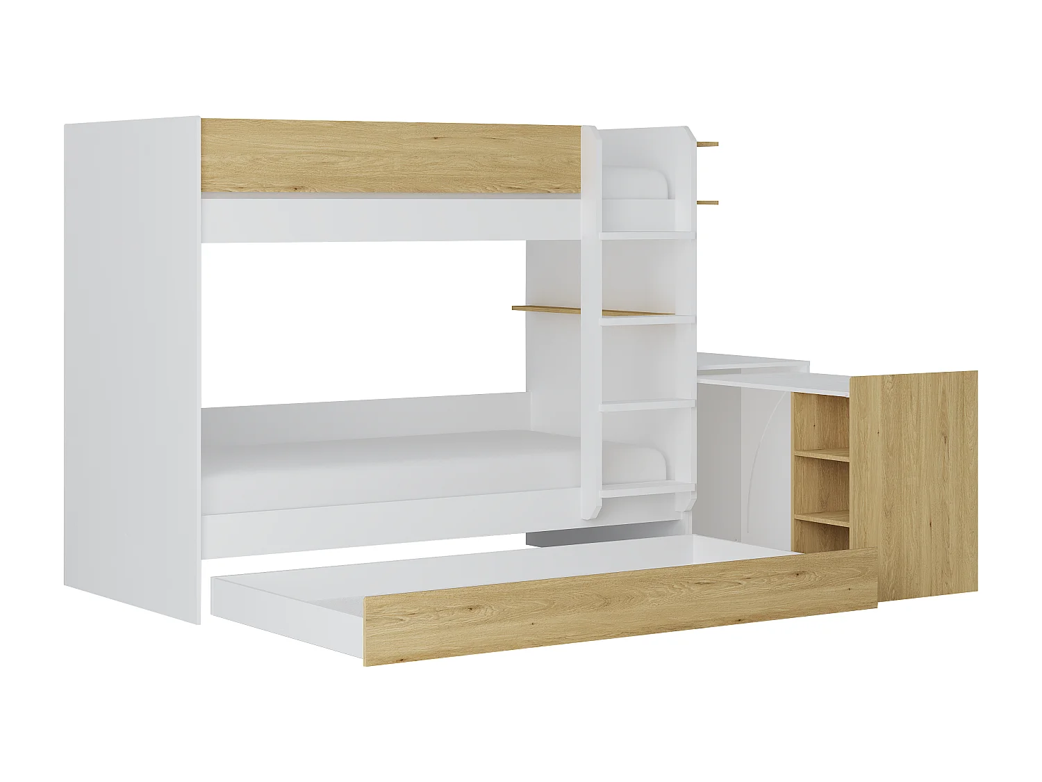 Etagenbett mit zusätzlichem Ausziehbett & 2 Schreibtischen + Matratzen - 3 x 90 x 190 cm - Weiß & Holzfarben - DOMATI