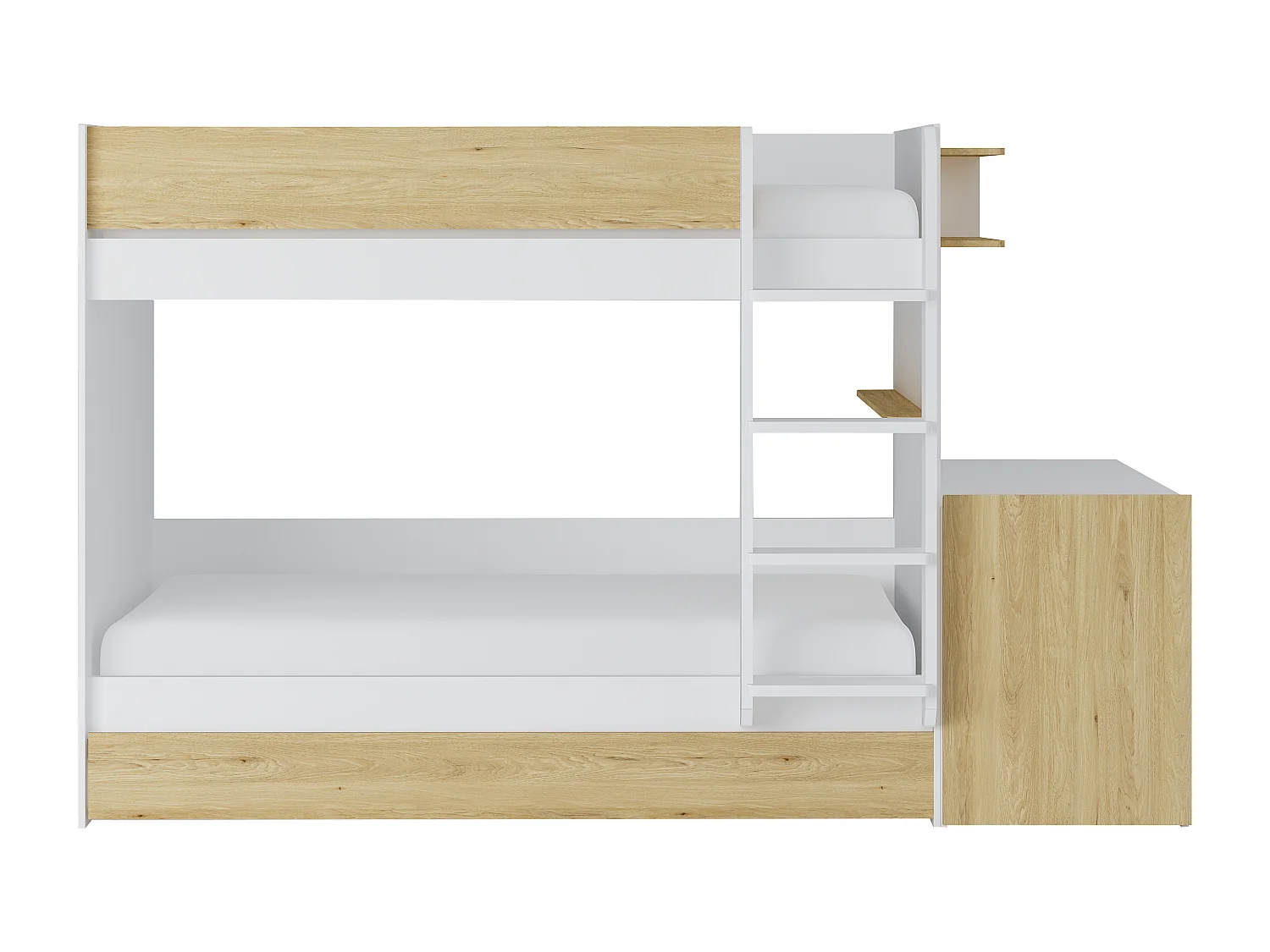 Etagenbett mit zusätzlichem Ausziehbett & 2 Schreibtischen + Matratzen - 3 x 90 x 190 cm - Weiß & Holzfarben - DOMATI