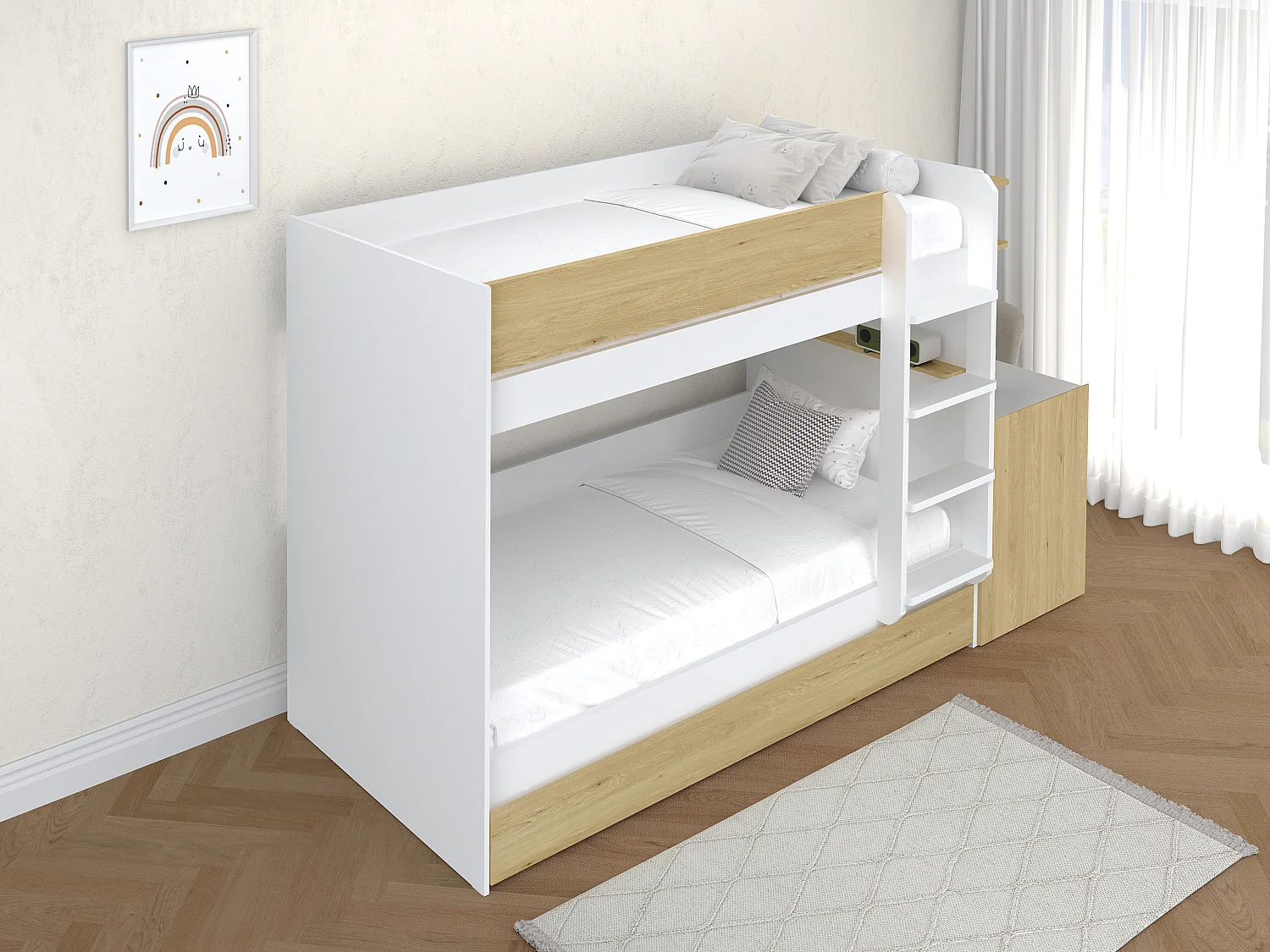 Etagenbett mit zusätzlichem Ausziehbett & 2 Schreibtischen + Matratzen - 3 x 90 x 190 cm - Weiß & Holzfarben - DOMATI