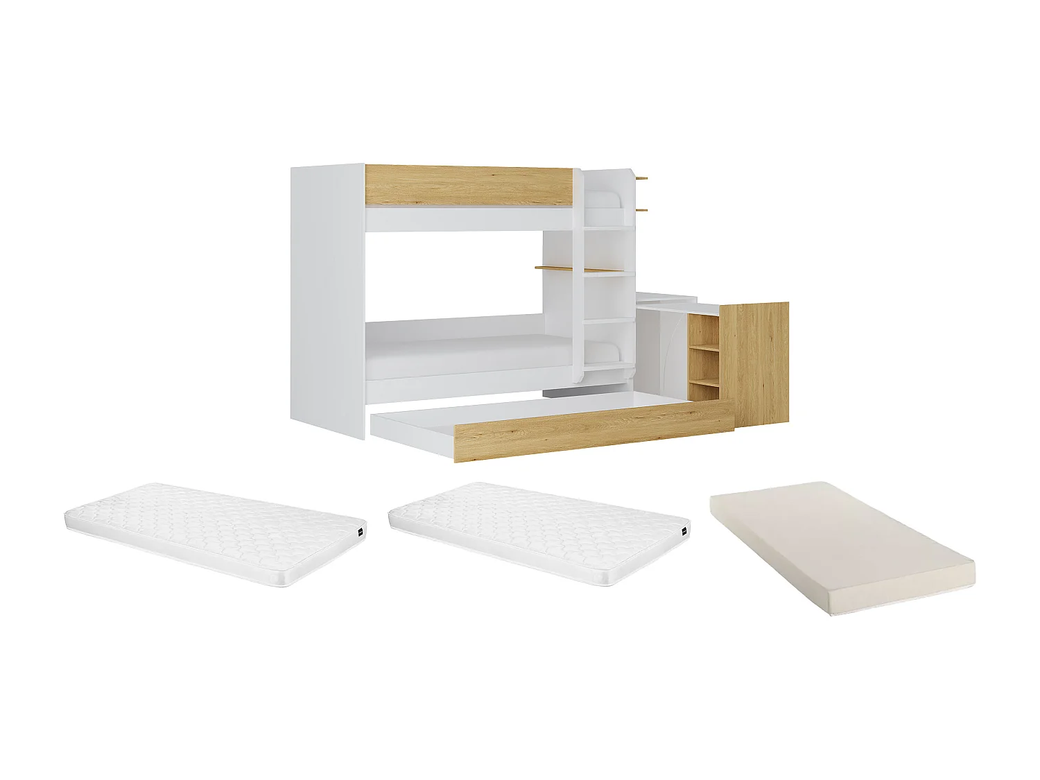 Etagenbett mit zusätzlichem Ausziehbett & 2 Schreibtischen + Matratzen - 3 x 90 x 190 cm - Weiß & Holzfarben - DOMATI