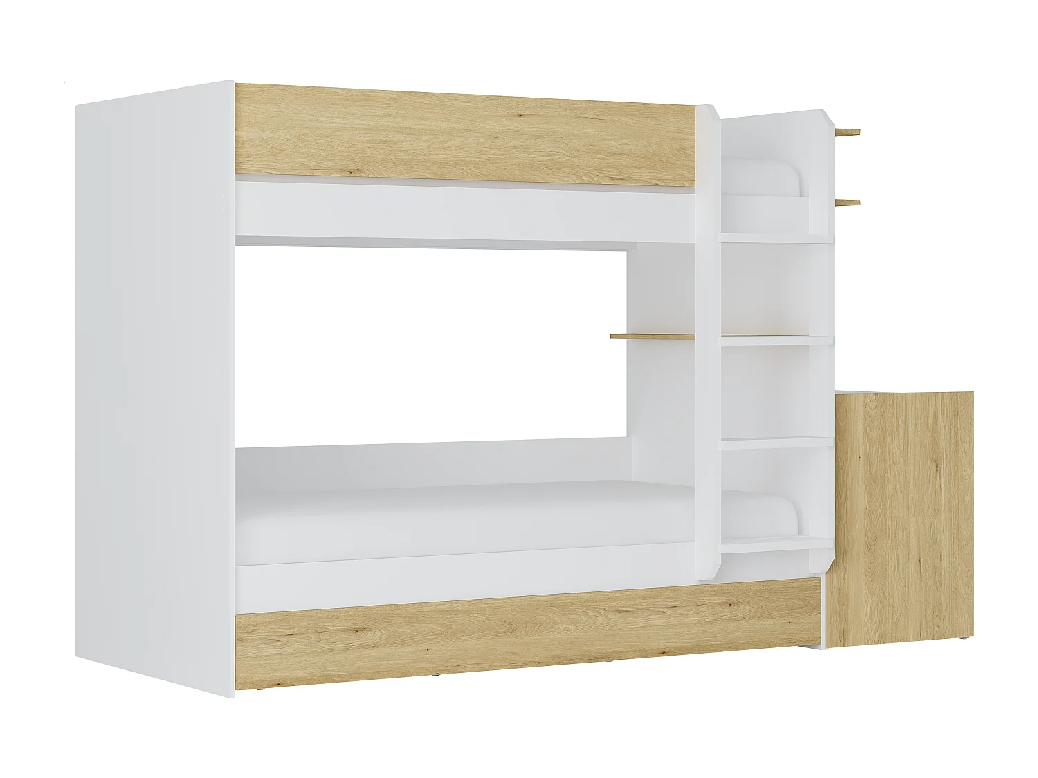 Łóżko piętrowe z wysuwanym posłaniem i 2 biurkami 3 x 90 x 190 cm - Biały i naturalny + Materac - DOMATI