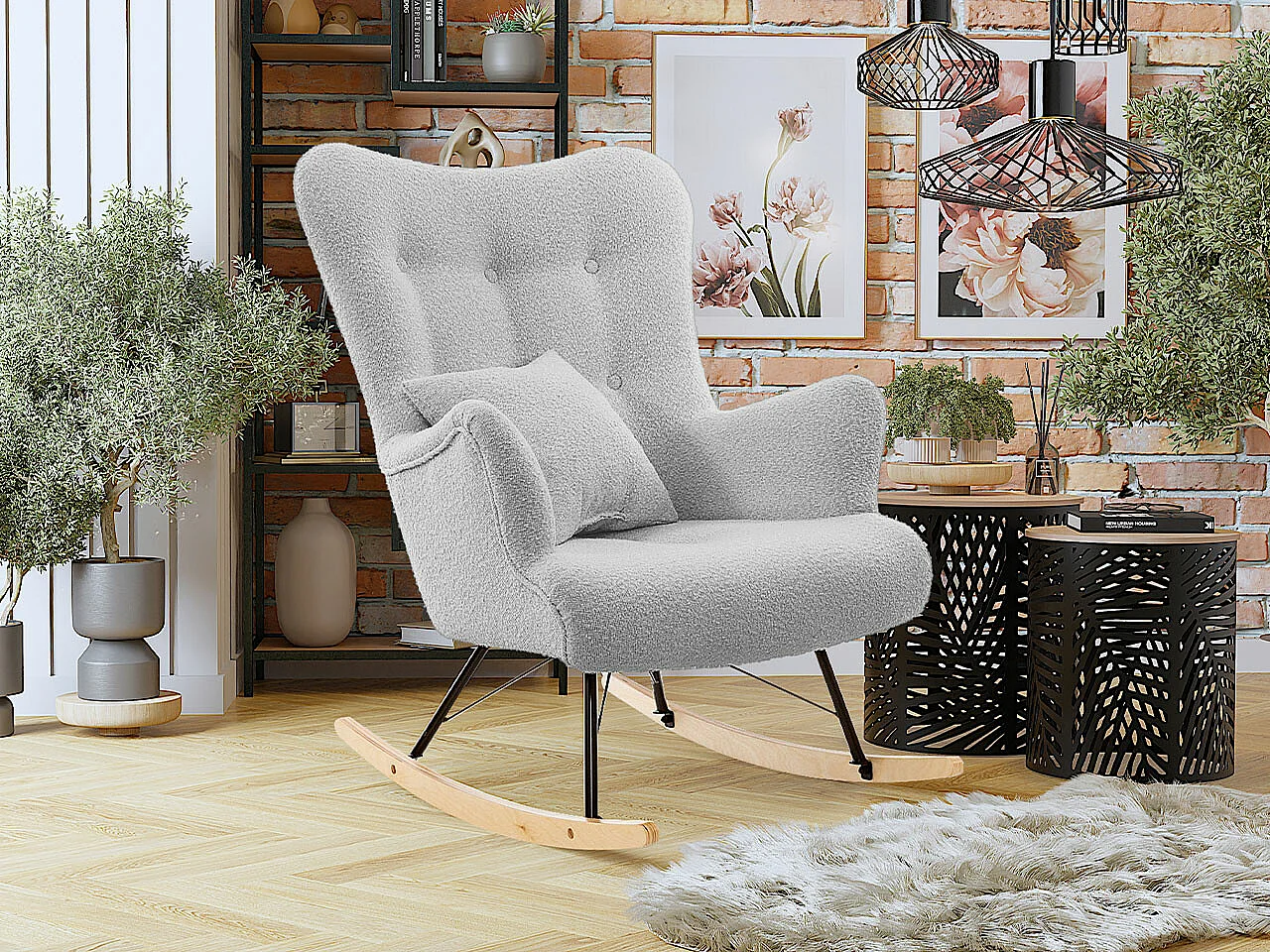 Chaise à bascule Clovis 105, 101x76x101cm, Tapisserie, Placage de bois naturel