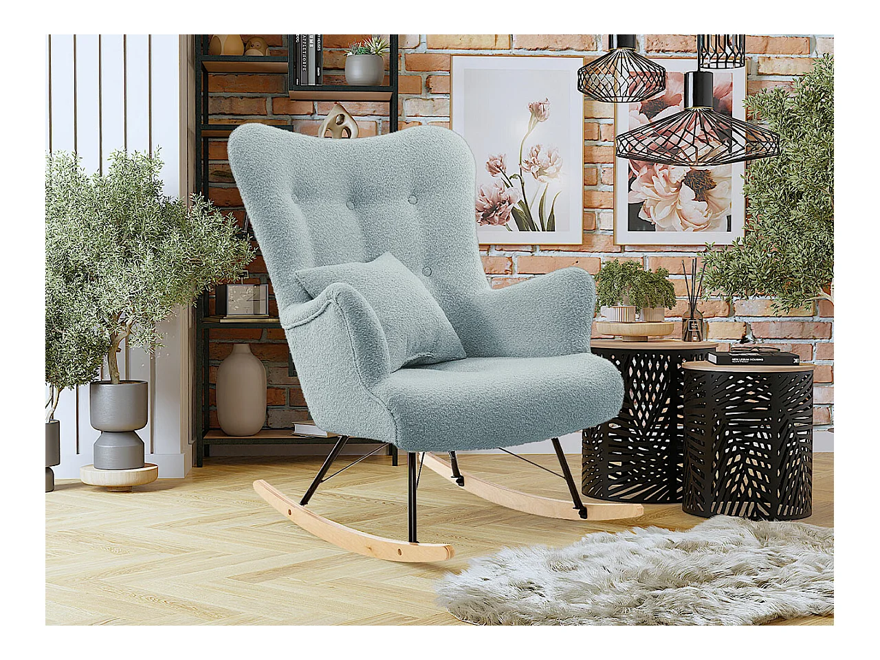 Chaise à bascule Clovis 105, 101x76x101cm, Tapisserie, Placage de bois naturel