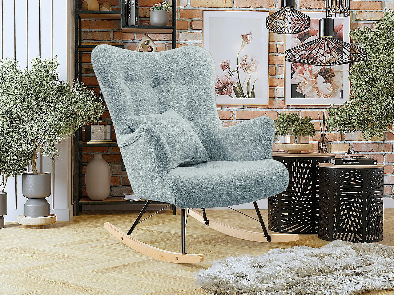 Chaise à bascule Clovis 105, 101x76x101cm, Tapisserie, Placage de bois naturel