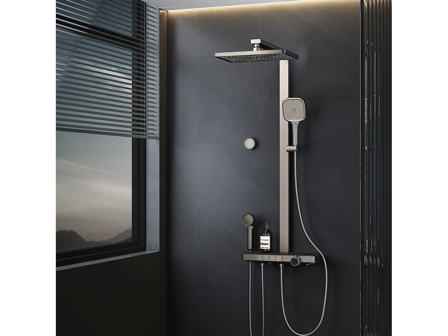 EMKE Douchkolom met Thermostaat 38℃ Regendouche 40 cm Glasplank met 3+1 Handdouche voor Ouders-Kind + Douchhouder - Mat Anthraciet