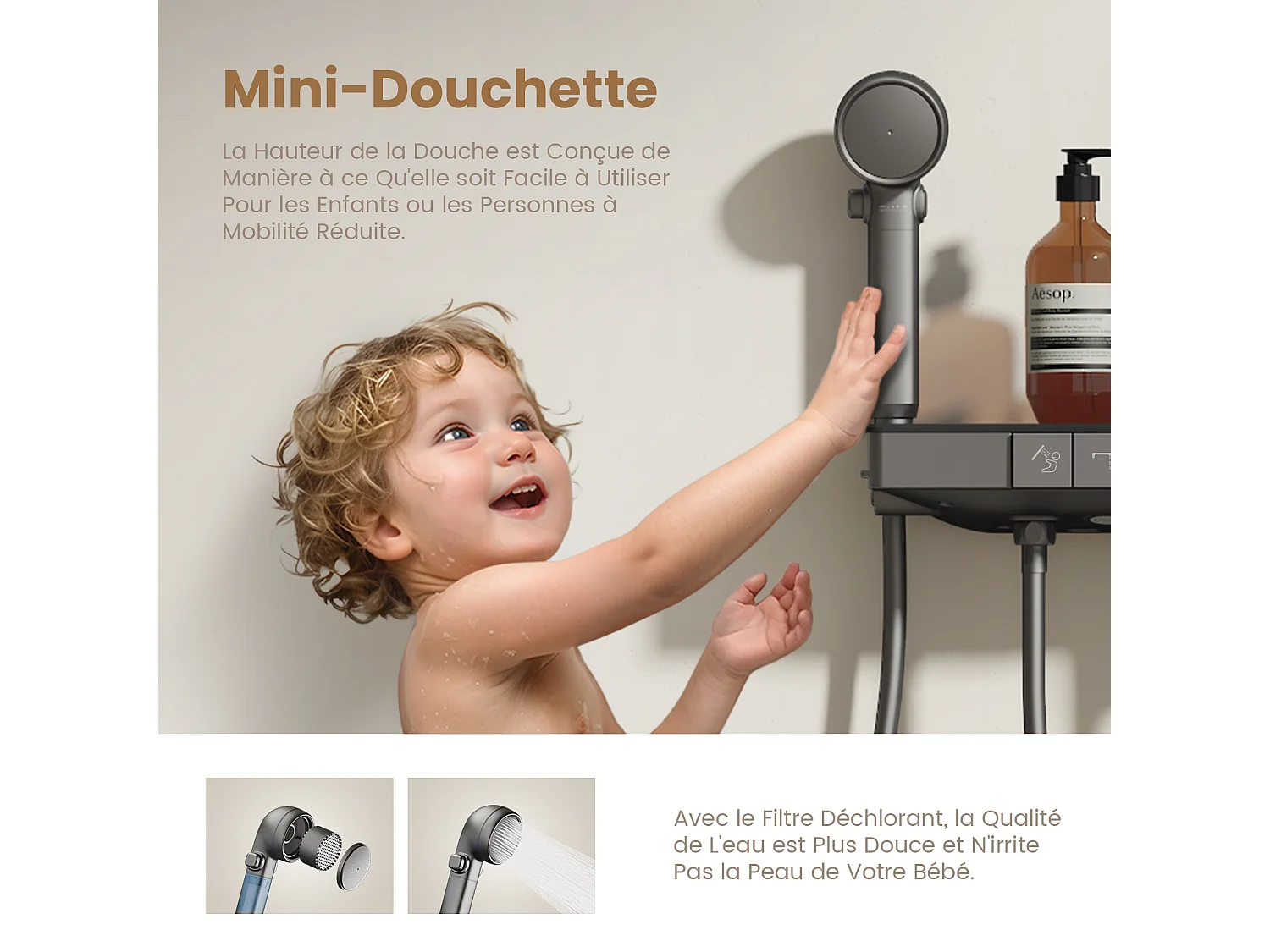 EMKE Douchkolom met Thermostaat 38℃ Regendouche 40 cm Glasplank met 3+1 Handdouche voor Ouders-Kind + Douchhouder - Mat Anthraciet