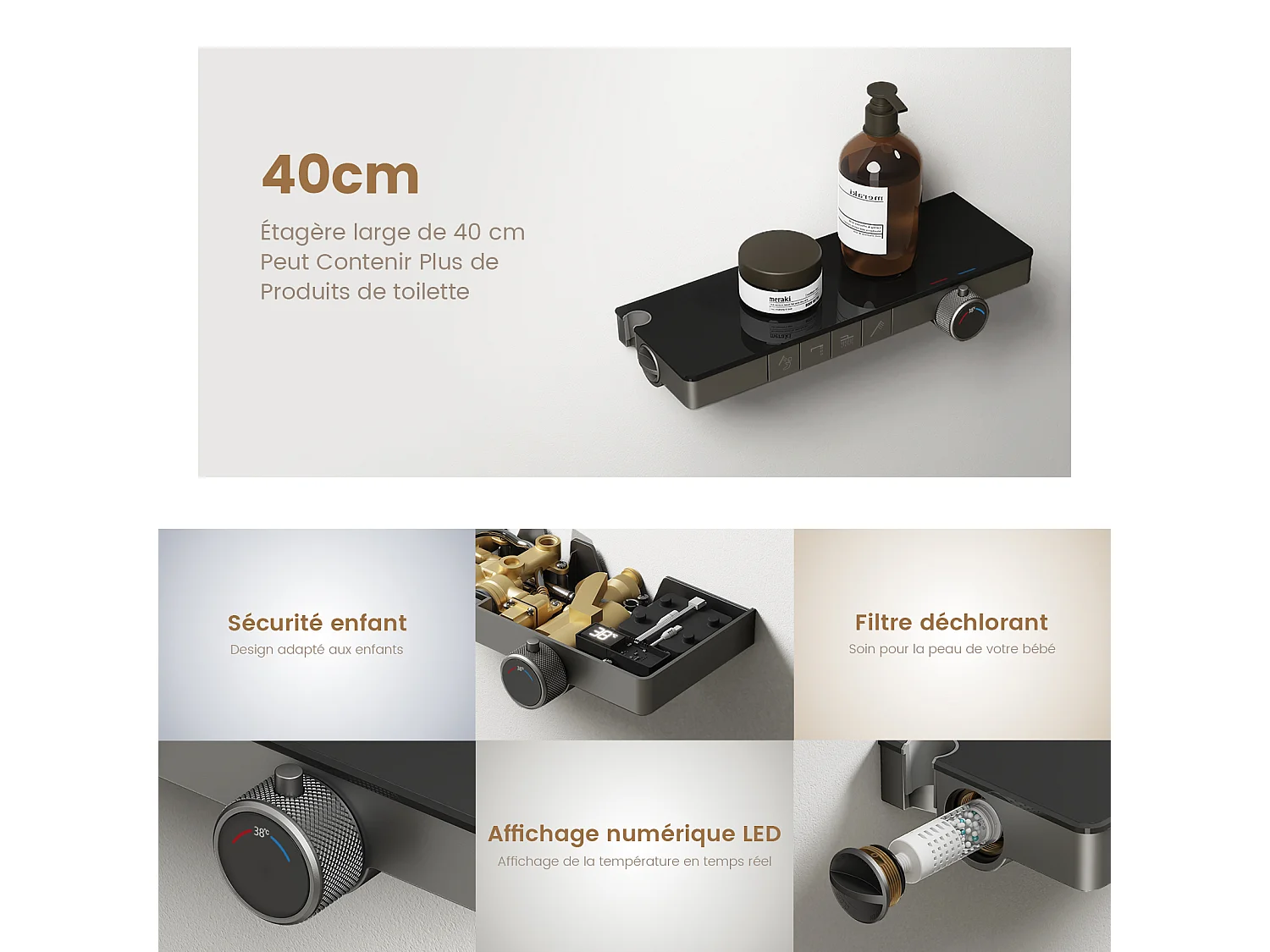 EMKE Douchkolom met Thermostaat 38℃ Regendouche 40 cm Glasplank met 3+1 Handdouche voor Ouders-Kind + Douchhouder - Mat Anthraciet