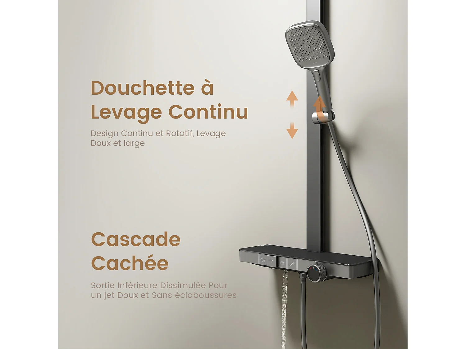 EMKE Douchkolom met Thermostaat 38℃ Regendouche 40 cm Glasplank met 3+1 Handdouche voor Ouders-Kind + Douchhouder - Mat Anthraciet