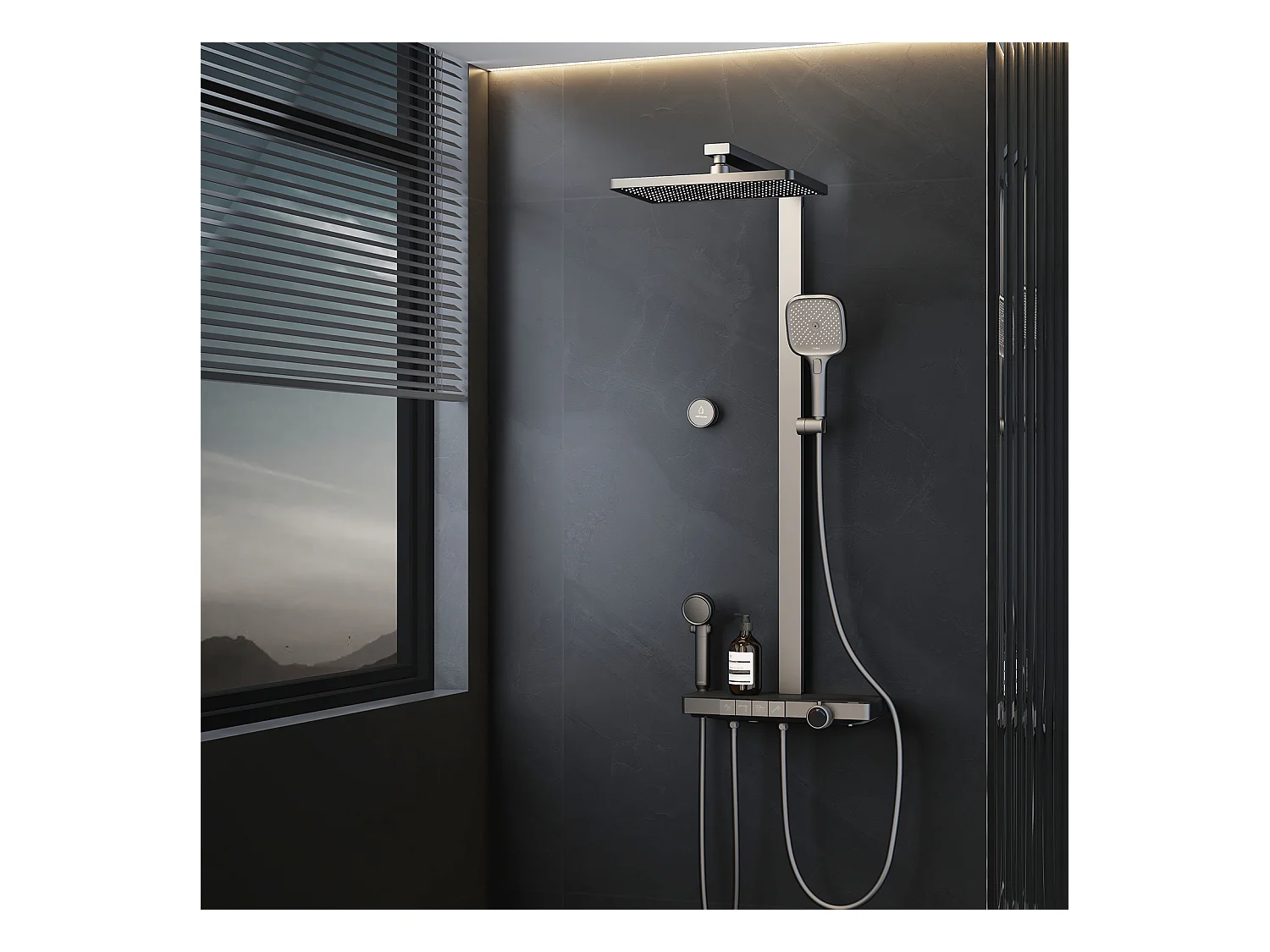 EMKE Colonne de douche avec thermostat 38℃ Douche pluie 40 cm étagère en verre avec 3+1 douchette parent-enfant+porte-douche - anthracite matt