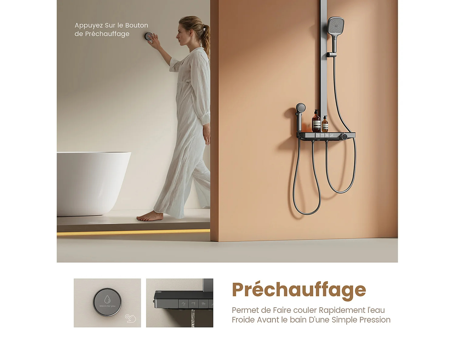 EMKE Douchkolom met Thermostaat 38℃ Regendouche 40 cm Glasplank met 3+1 Handdouche voor Ouders-Kind + Douchhouder - Mat Anthraciet