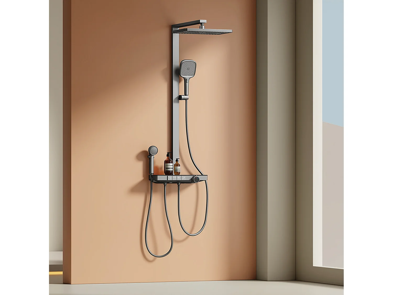 EMKE Douchkolom met Thermostaat 38℃ Regendouche 40 cm Glasplank met 3+1 Handdouche voor Ouders-Kind + Douchhouder - Mat Anthraciet