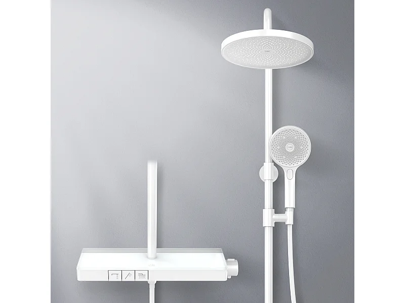 EMKE Douchkolom met thermostaatdouche 38 °C, grote regendouchekop en multimodus handdouche, Cirkel, Wit