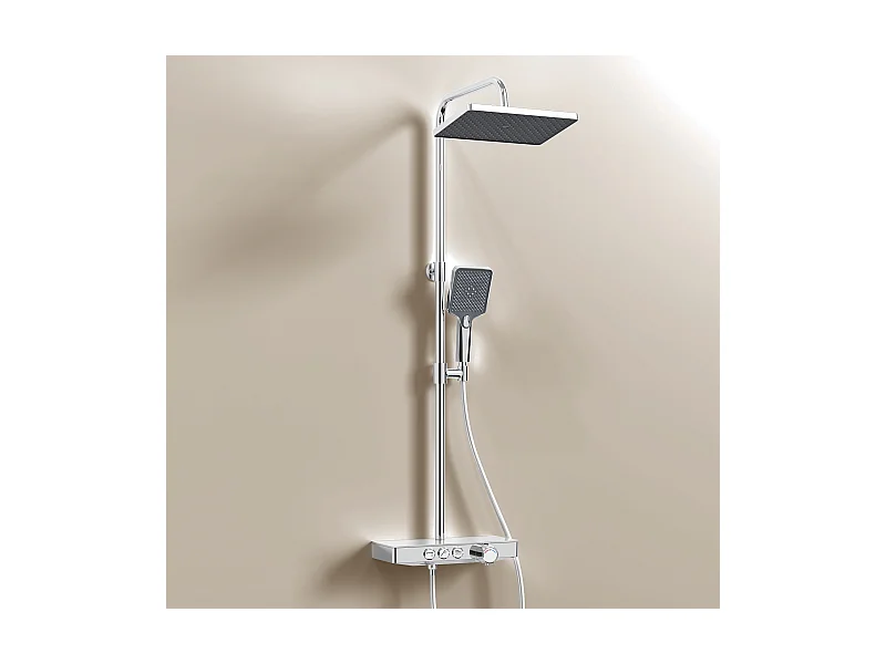 EMKE Duschsäule mit Thermostat, 36 x 14 cm Glasregale, 3 Strahlarten, Regeneffekt-Dusche, KTW-Zertifizierung, Chrom