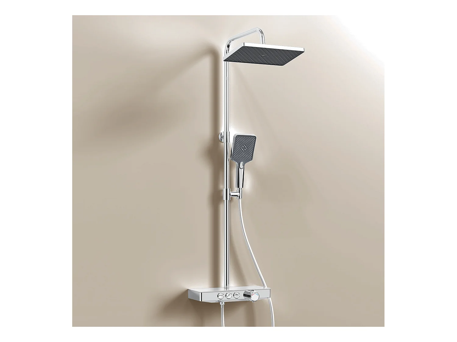 EMKE Douchekolom met Thermostaat, 36 x 14 cm glazen planken, 3 soorten straal, regeneffect douche, KTW-certificering, Chroom