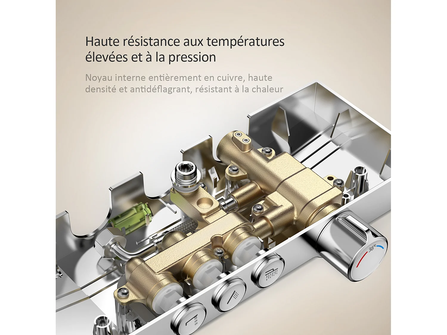 EMKE Colonne de douche Thermostat, 36 x 14 cm étagères en verre, 3 types de jets, douche à effet pluie, Certification KTW, Chrome