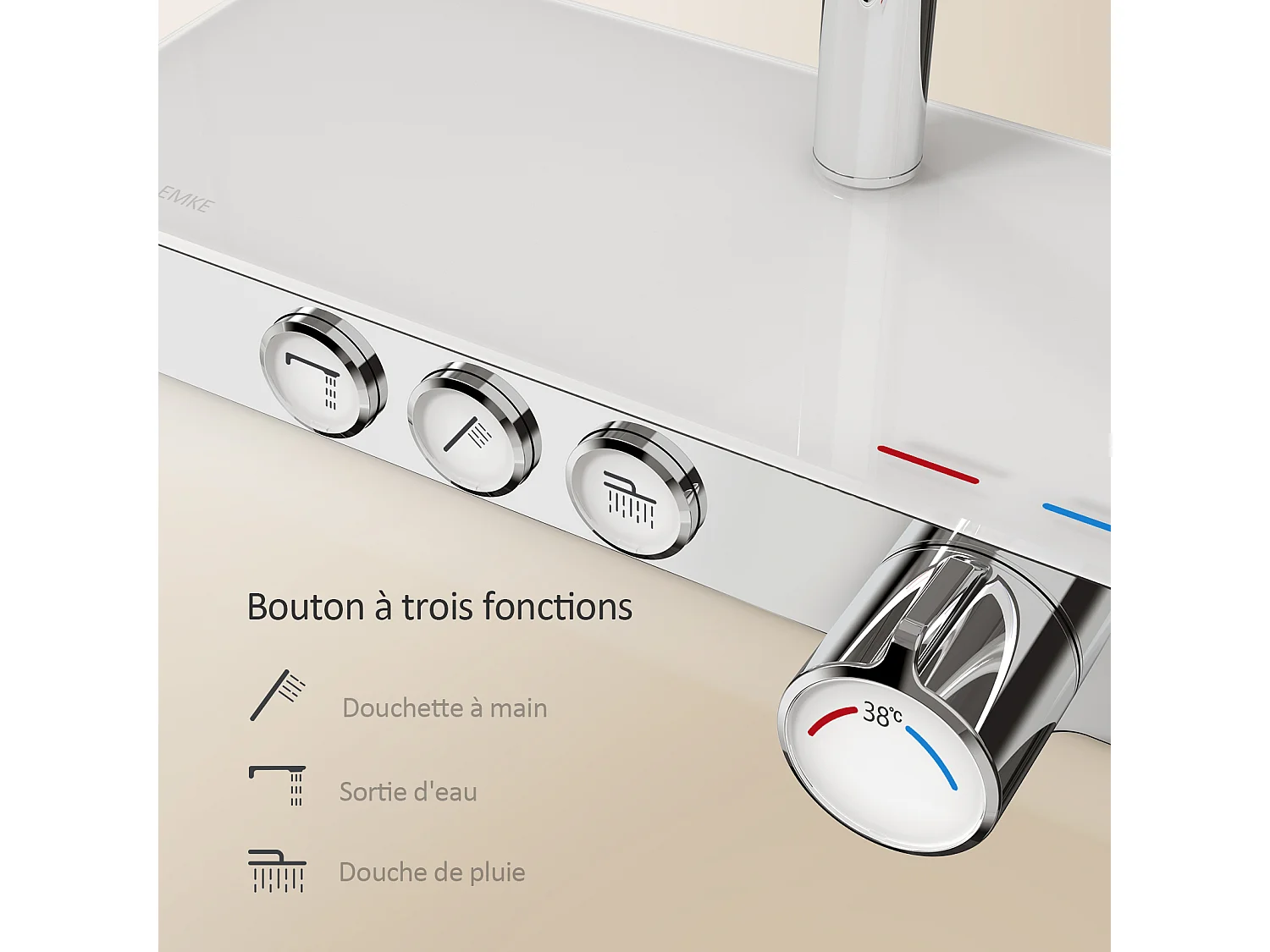 EMKE Colonne de douche Thermostat, 36 x 14 cm étagères en verre, 3 types de jets, douche à effet pluie, Certification KTW, Chrome